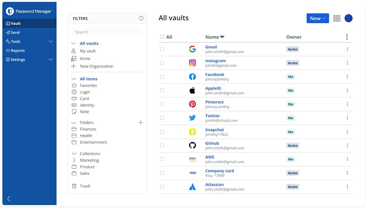 Bitwarden password manager interface showing organized password vault with secure login credentials
