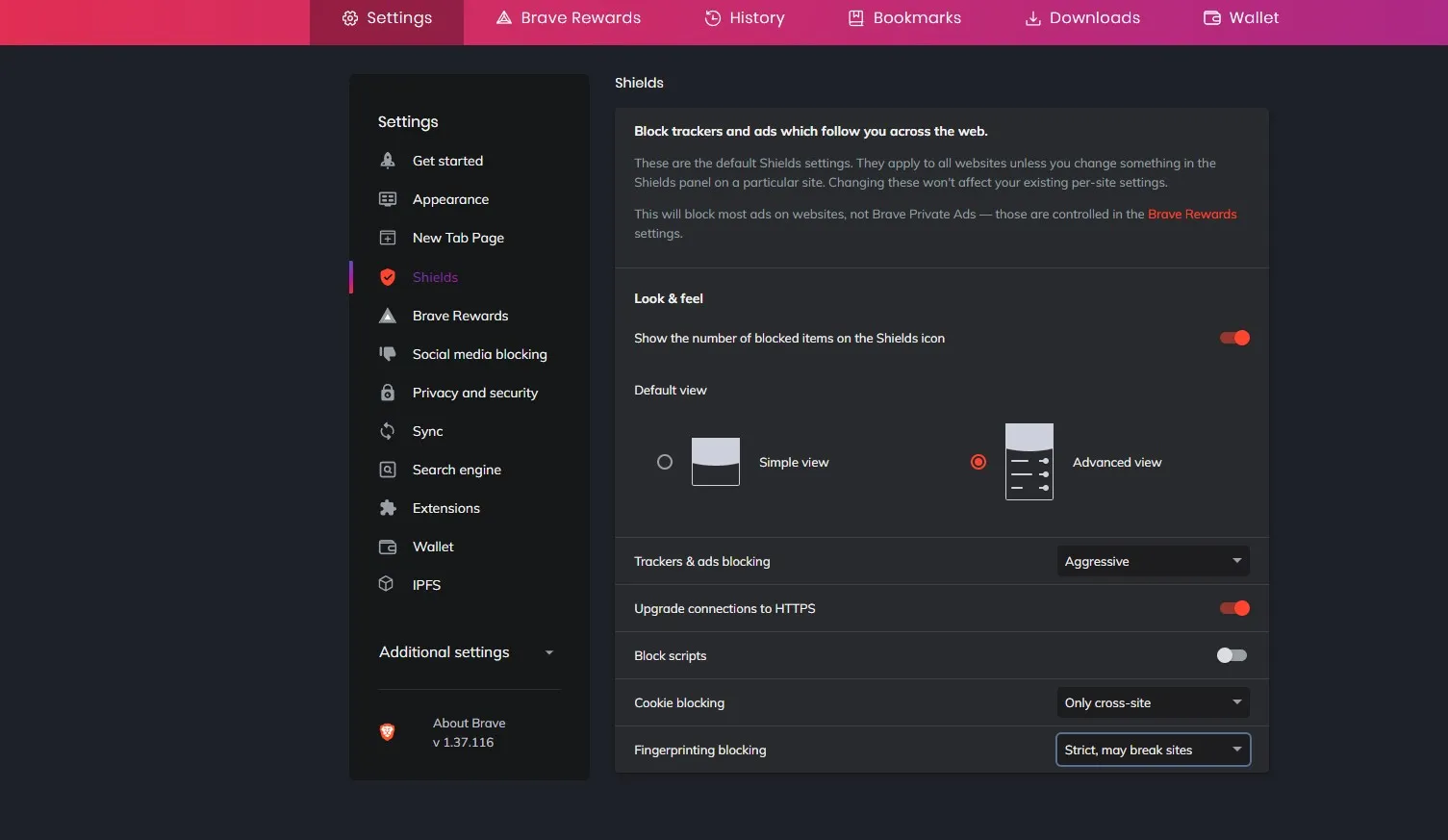Brave Browser Shields settings page displaying comprehensive ad blocking and privacy protection options