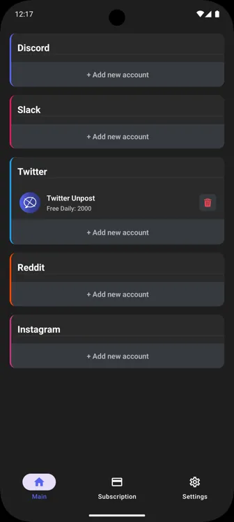 Unpost account selection screen showing connected platforms and accounts