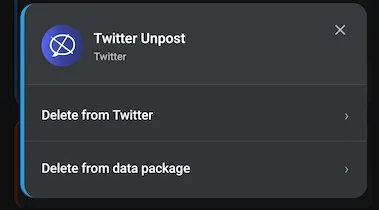 Action modal highlighting the "Delete from Data Package" option