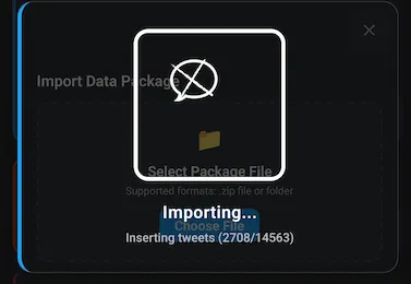 Progress screen showing data extraction and indexing of the imported ZIP