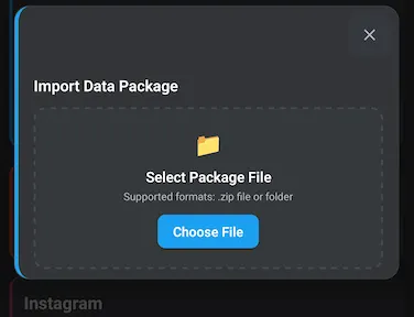 File import modal with a button to choose and upload the data package ZIP