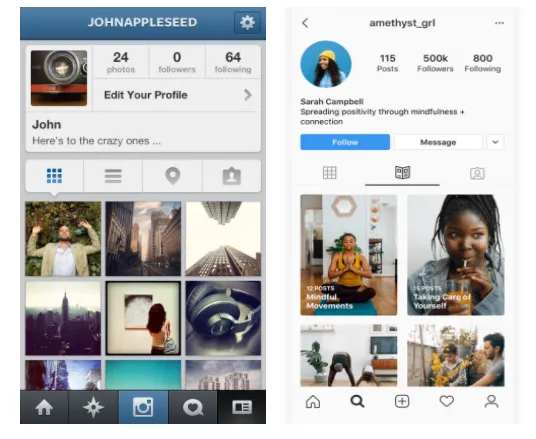 Instagram interface comparison showing the evolution from old to new design and features