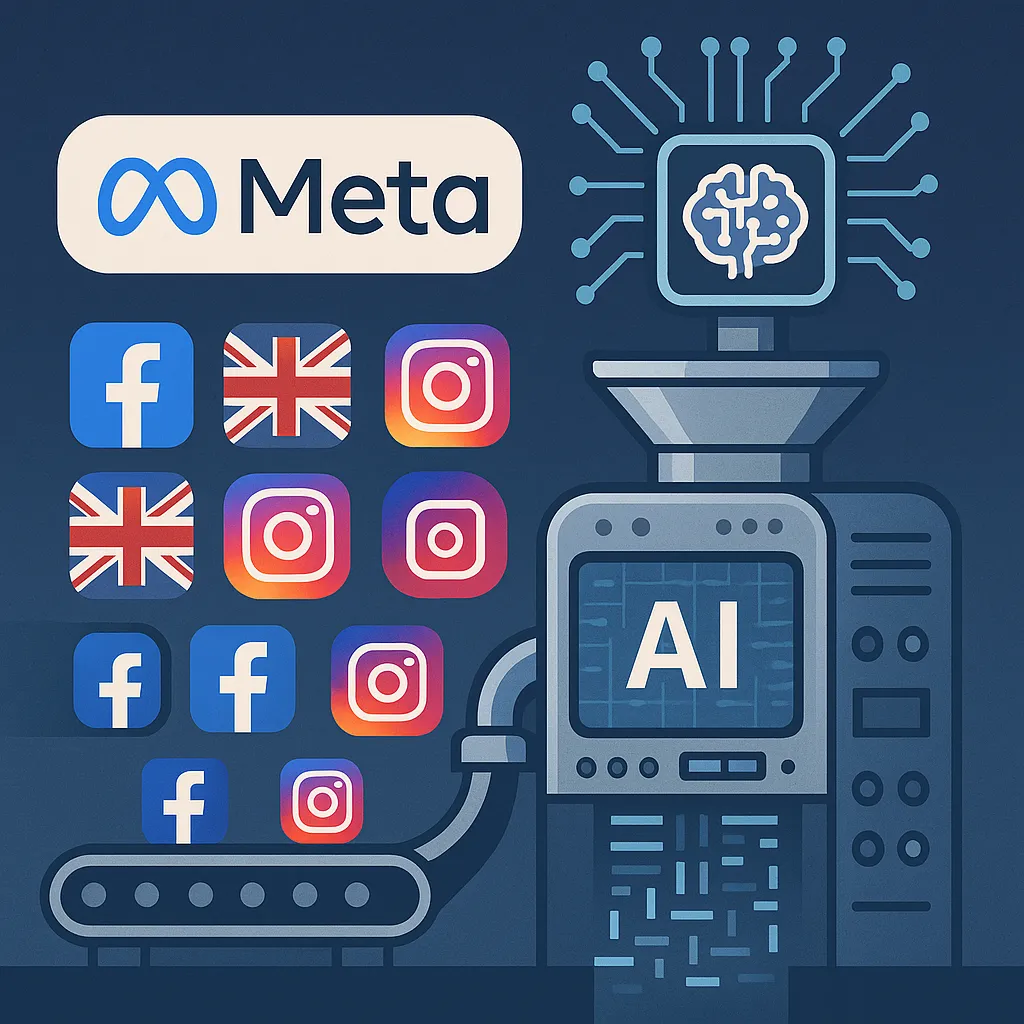 Meta AI training using UK Facebook and Instagram user data with artificial intelligence brain processing social media content