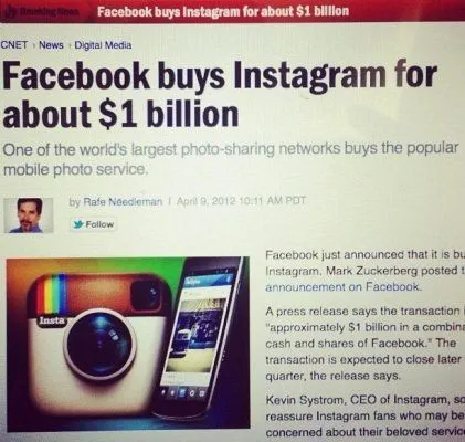 Newspaper headline announcing Facebook's $1 billion acquisition of Instagram