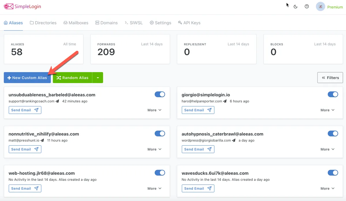 SimpleLogin dashboard interface showing email alias management, forwarding options, and privacy-focused email protection features