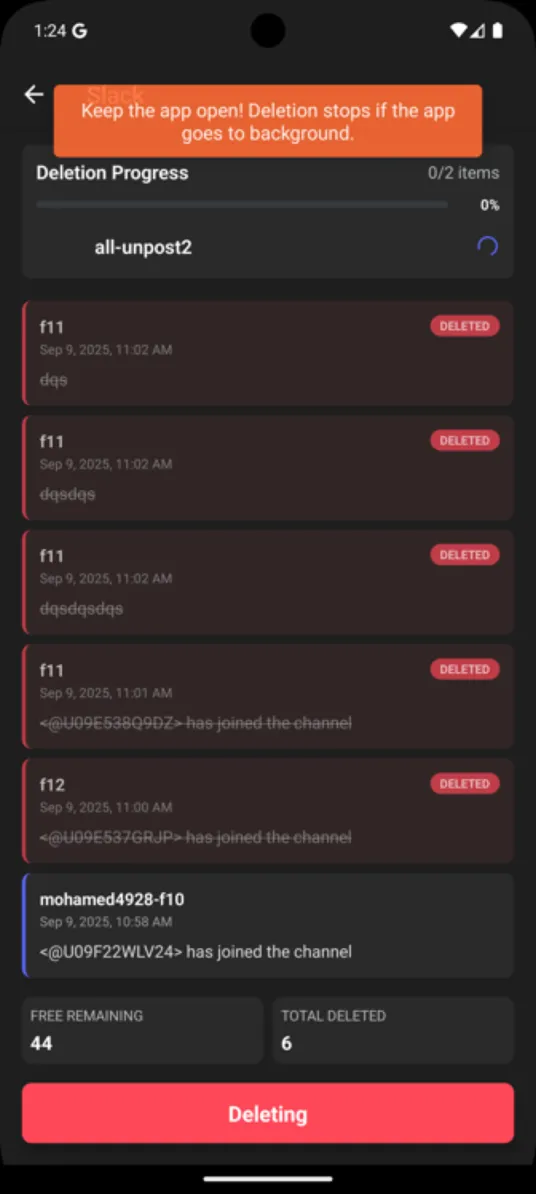 Deletion settings screen with options for date range and keyword filtering