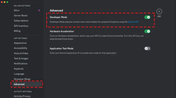 Discord desktop settings showing Advanced section and Developer Mode toggle