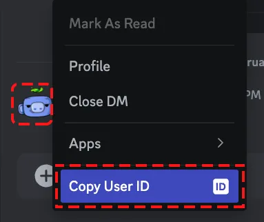 Discord desktop context menu showing Copy User ID option highlighted
