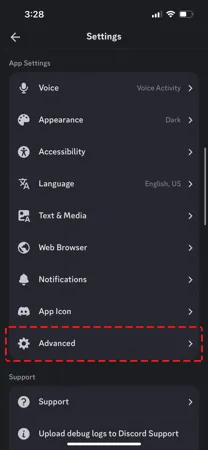 Discord mobile settings showing Advanced section highlighted