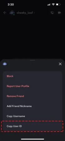 Discord showing alternative method to copy User ID through profile options